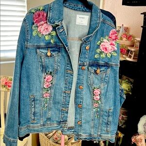 Old Navy Blue Denim Jacket with Floral hand painted roses